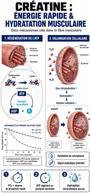 Schéma du mécanisme d'action de la créatine pour la prise de masse musculaire et la régénération de l'ATP