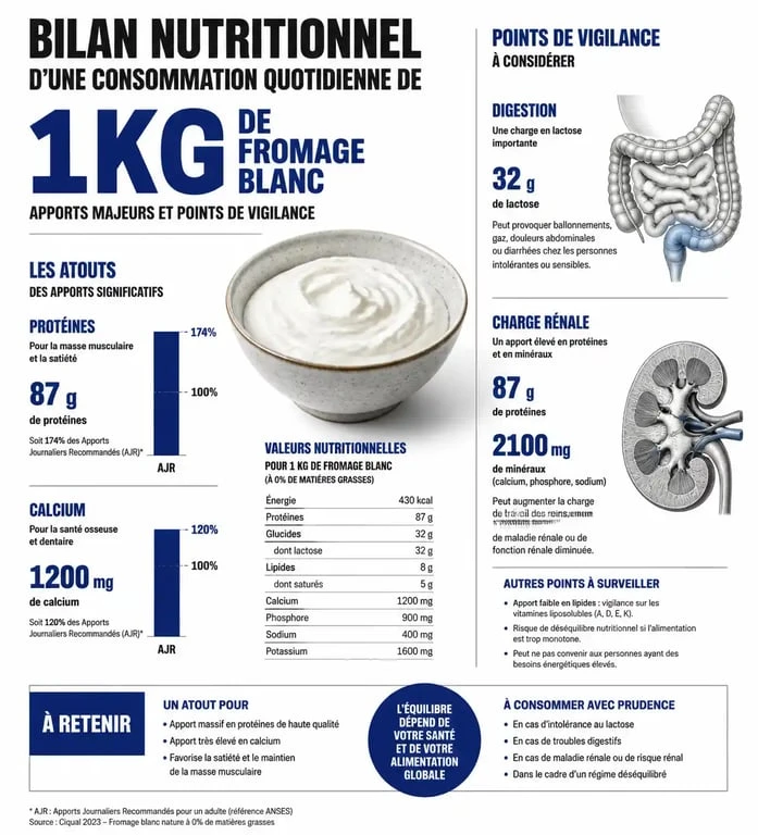 Infographie sur les effets d'une consommation de 1kg de fromage blanc par jour sur la santé et l'équilibre nutritionnel