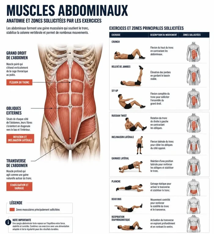 Schéma anatomique des muscles abdominaux pour le défi 100 abdos par jour