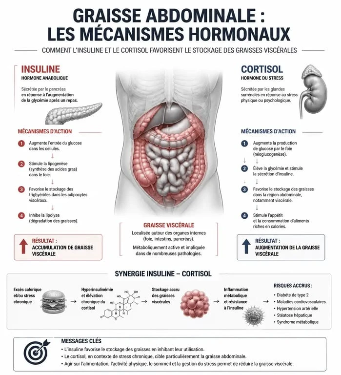 Infographie sur les causes hormonales de la graisse abdominale et comment maigrir du ventre
