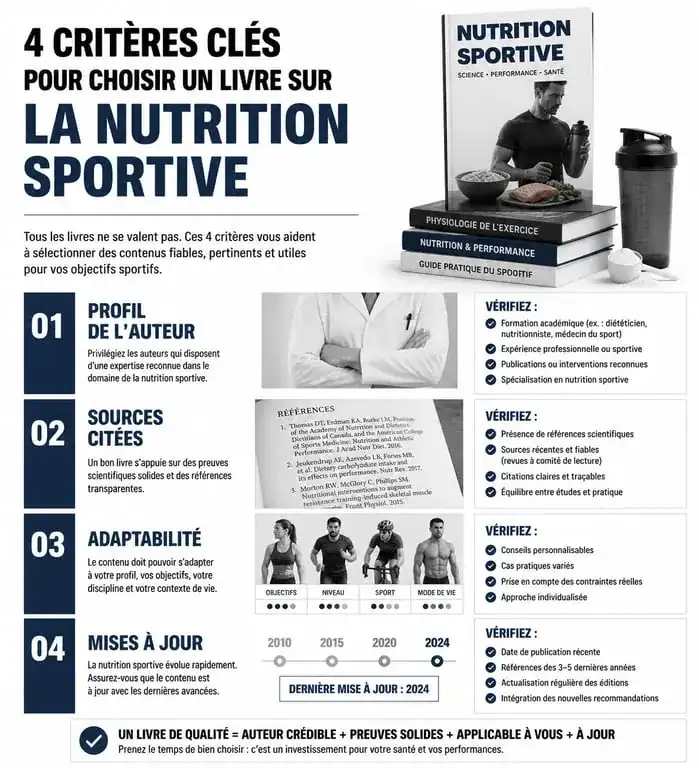 Infographie des critères de sélection pour choisir un livre sur la nutrition sportive fiable