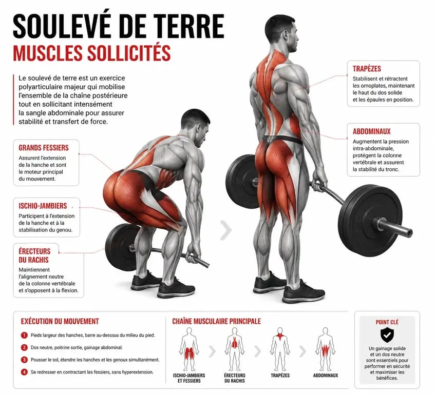 Schéma des muscles sollicités lors du soulevé de terre