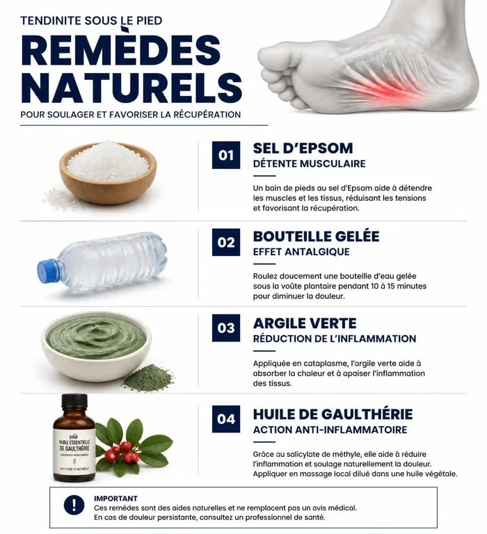Infographie des remèdes naturels pour soulager une tendinite sous le pied