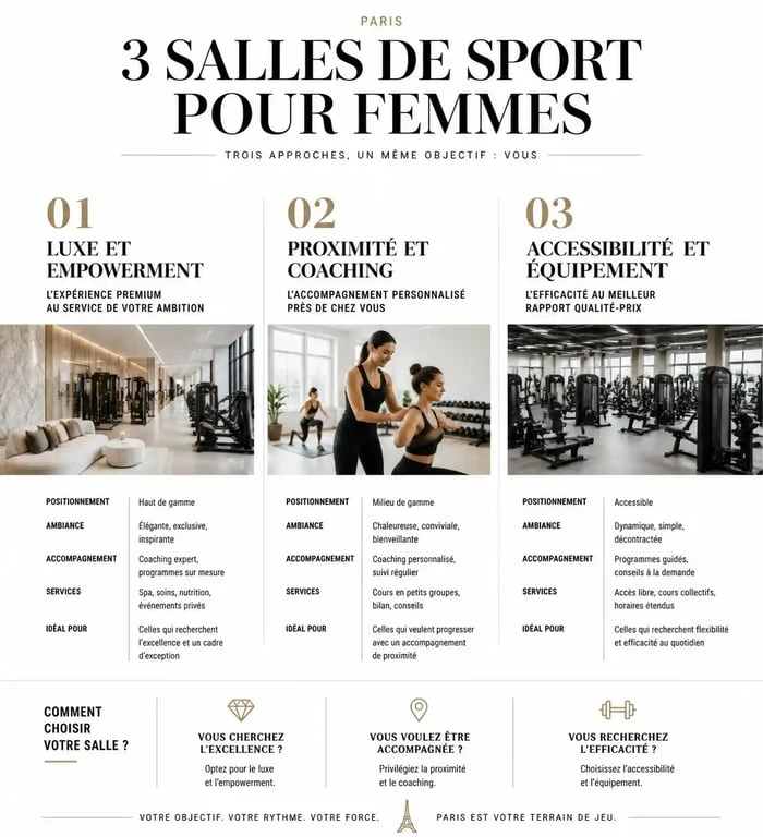 Comparatif des types de salles de sport pour femme à Paris : luxe, proximité et accessibilité