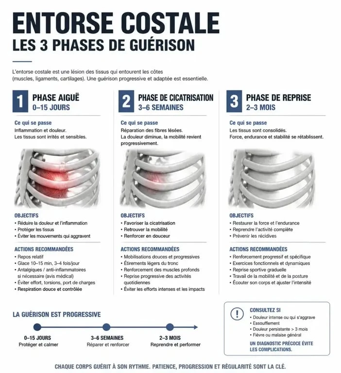 Infographie sur la durée de guérison d'une entorse costale : étapes de récupération et conseils de santé