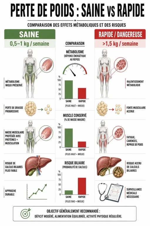 Infographie sur les conséquences d'une perte de poids trop rapide et les risques pour la santé