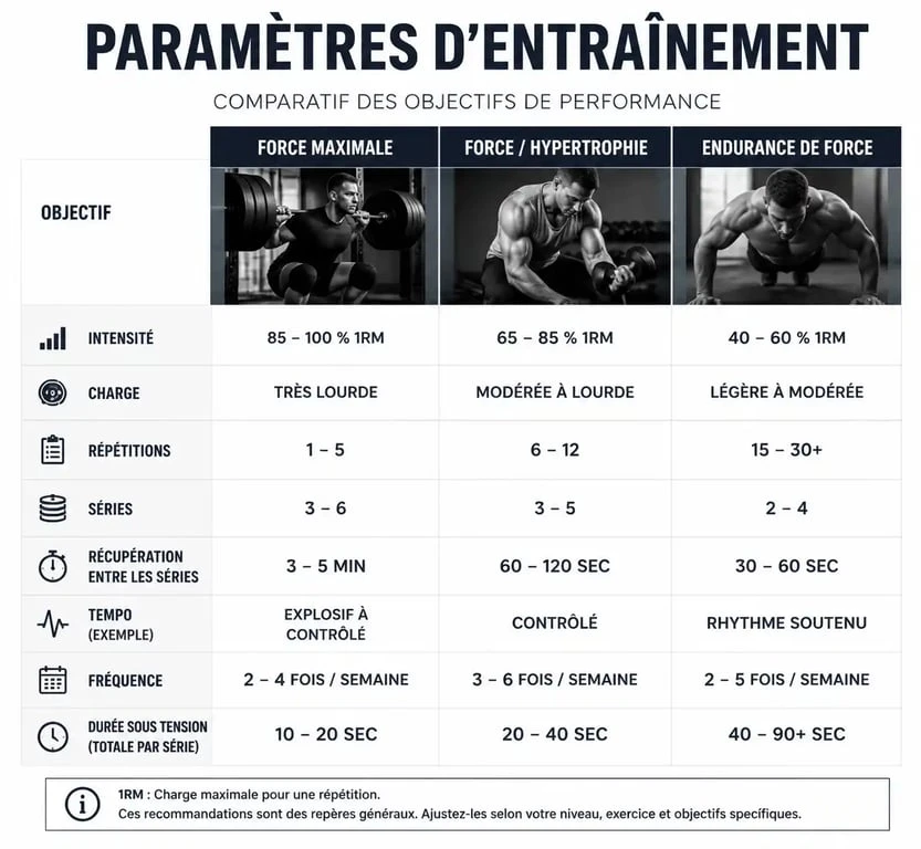 Tableau récapitulatif des paramètres de musculation pour la force : intensité, répétitions et temps de repos.