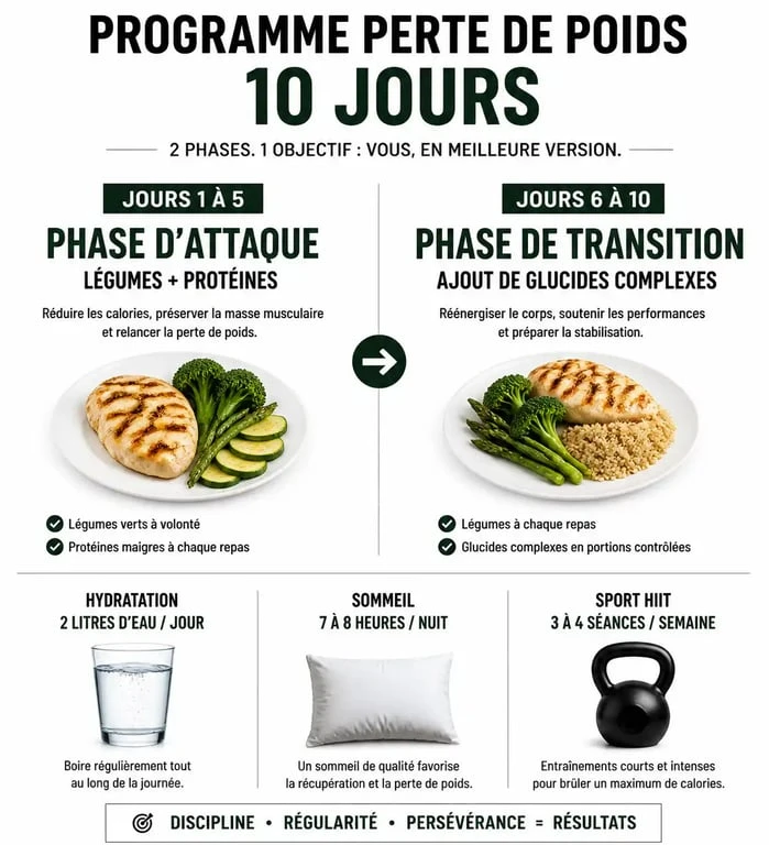 Infographie des phases pour perdre 5 kg en 10 jours avec une alimentation équilibrée et du sport