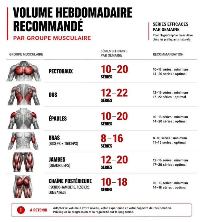 Infographie des recommandations de séries par muscle par semaine pour l'hypertrophie