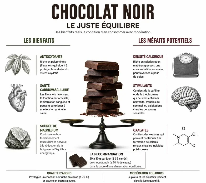 Infographie sur les bienfaits et méfaits du chocolat noir pour la santé