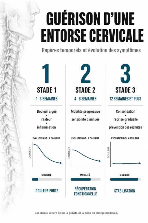 Infographie des délais de guérison d'une entorse cervicale selon la gravité de la lésion