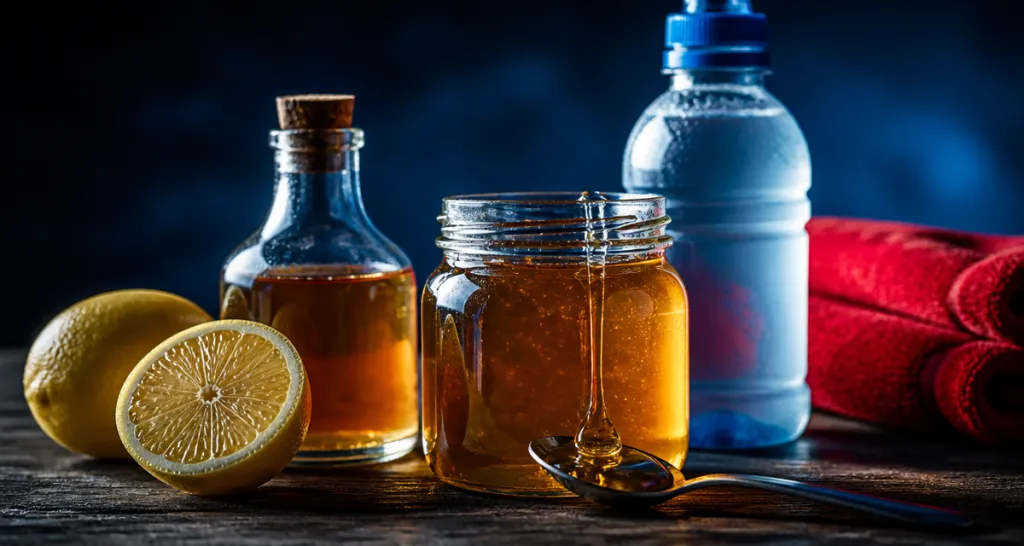 le miel contre les crampes sur table avec citron et eau de coco