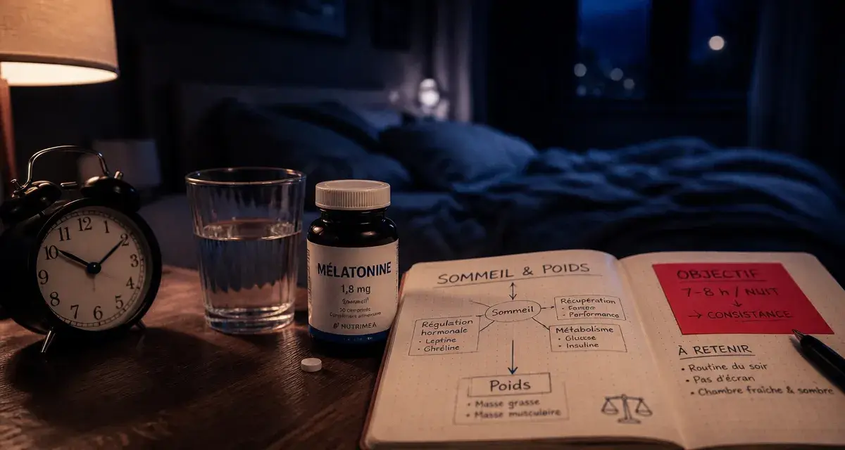 Melatonine effets secondaires prise poids : flacon de mélatonine et eau