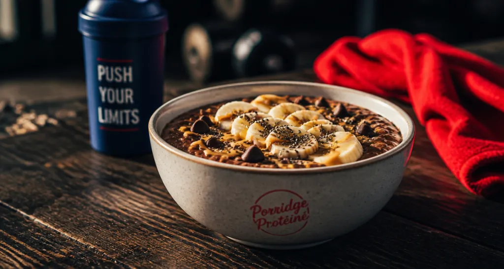 Porridge protéiné chocolat banane sur table sportive
