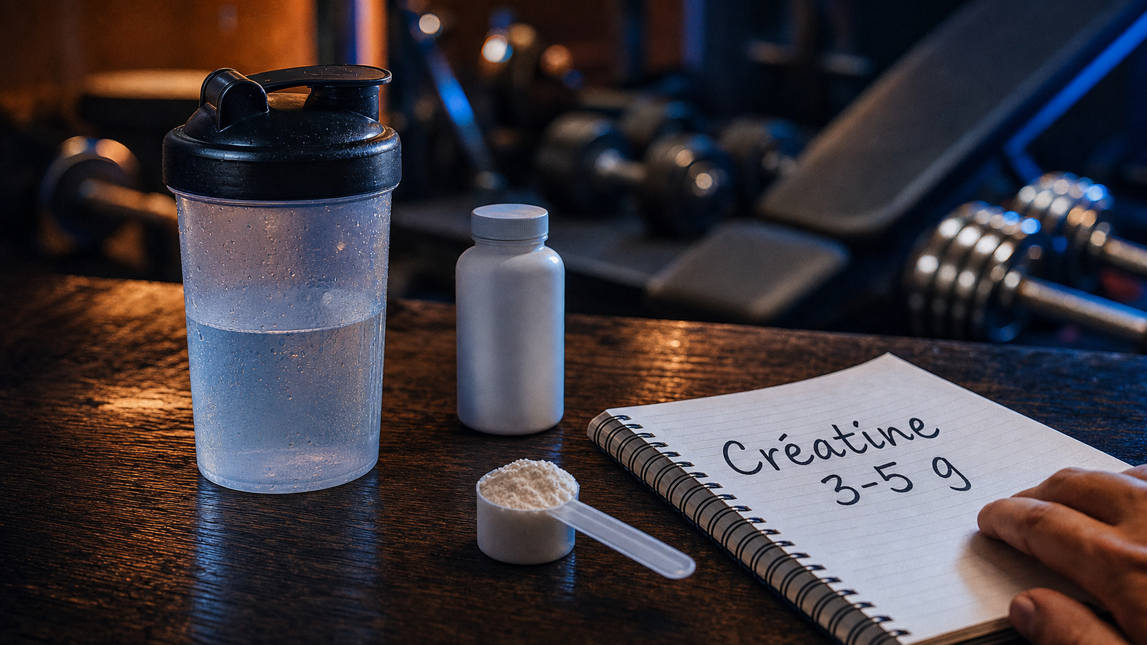 Prise de masse creatine : shaker avec poudre et protocole 3-5 g