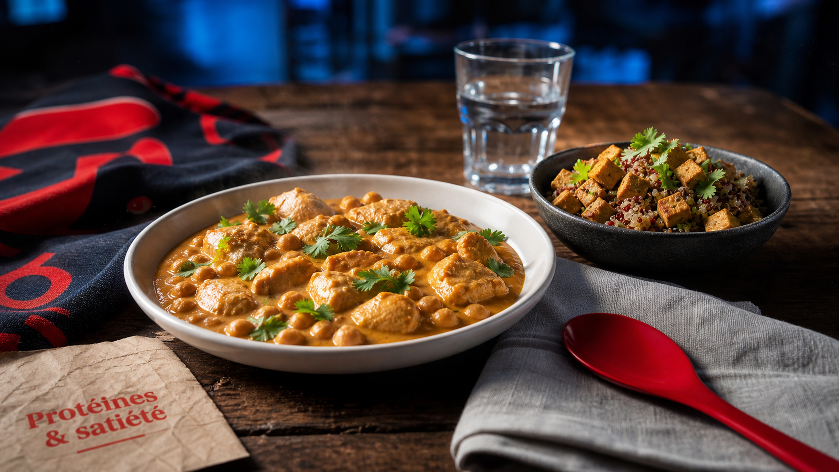 Repas riche en proteine : curry pois chiches, poulet et quinoa pour satiété durable