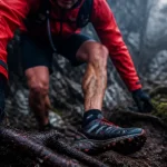 Running trail en forêt, mains gantées et crampons sur sentier humide