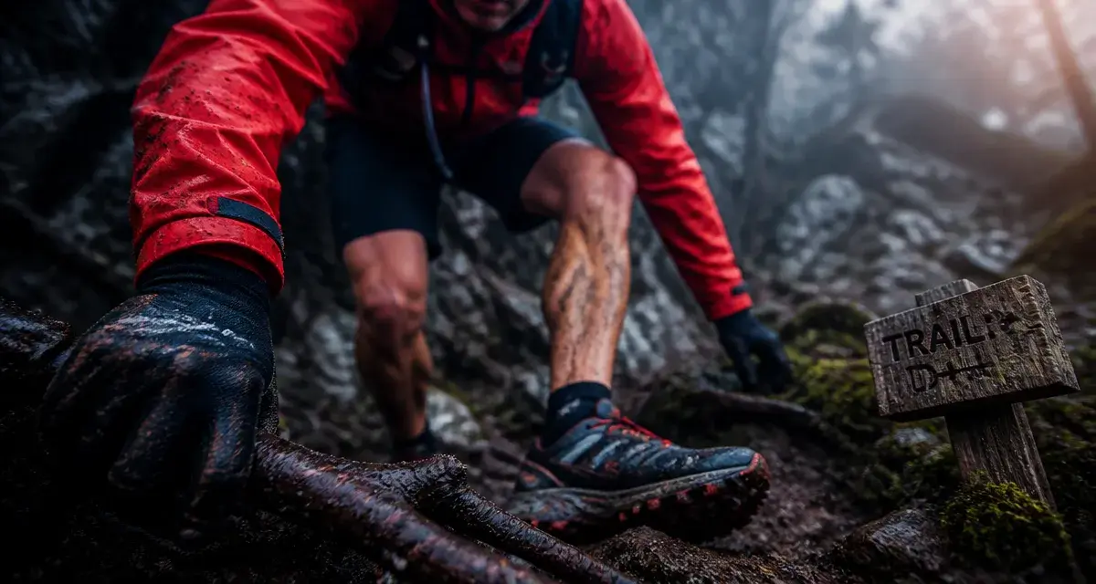 Running trail en forêt, mains gantées et crampons sur sentier humide