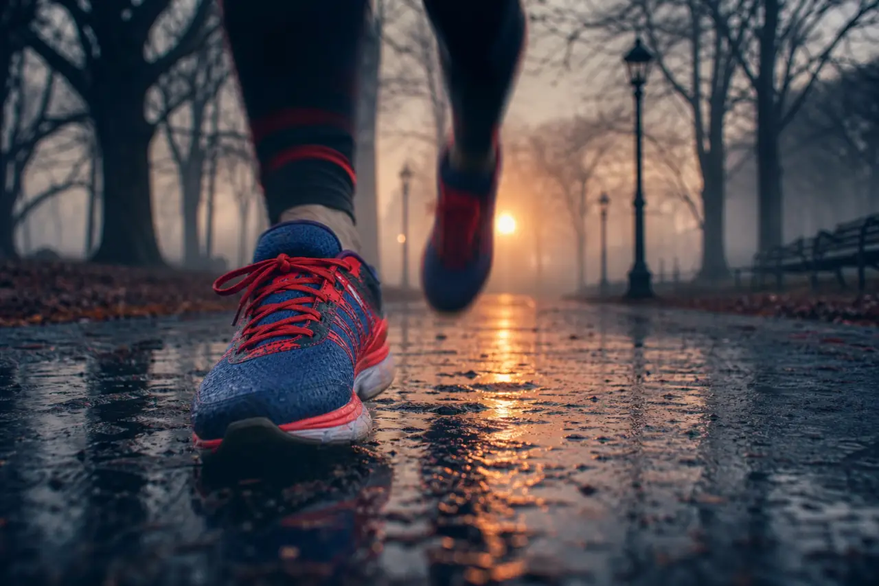 Chaussures de running sur un chemin humide au lever du jour