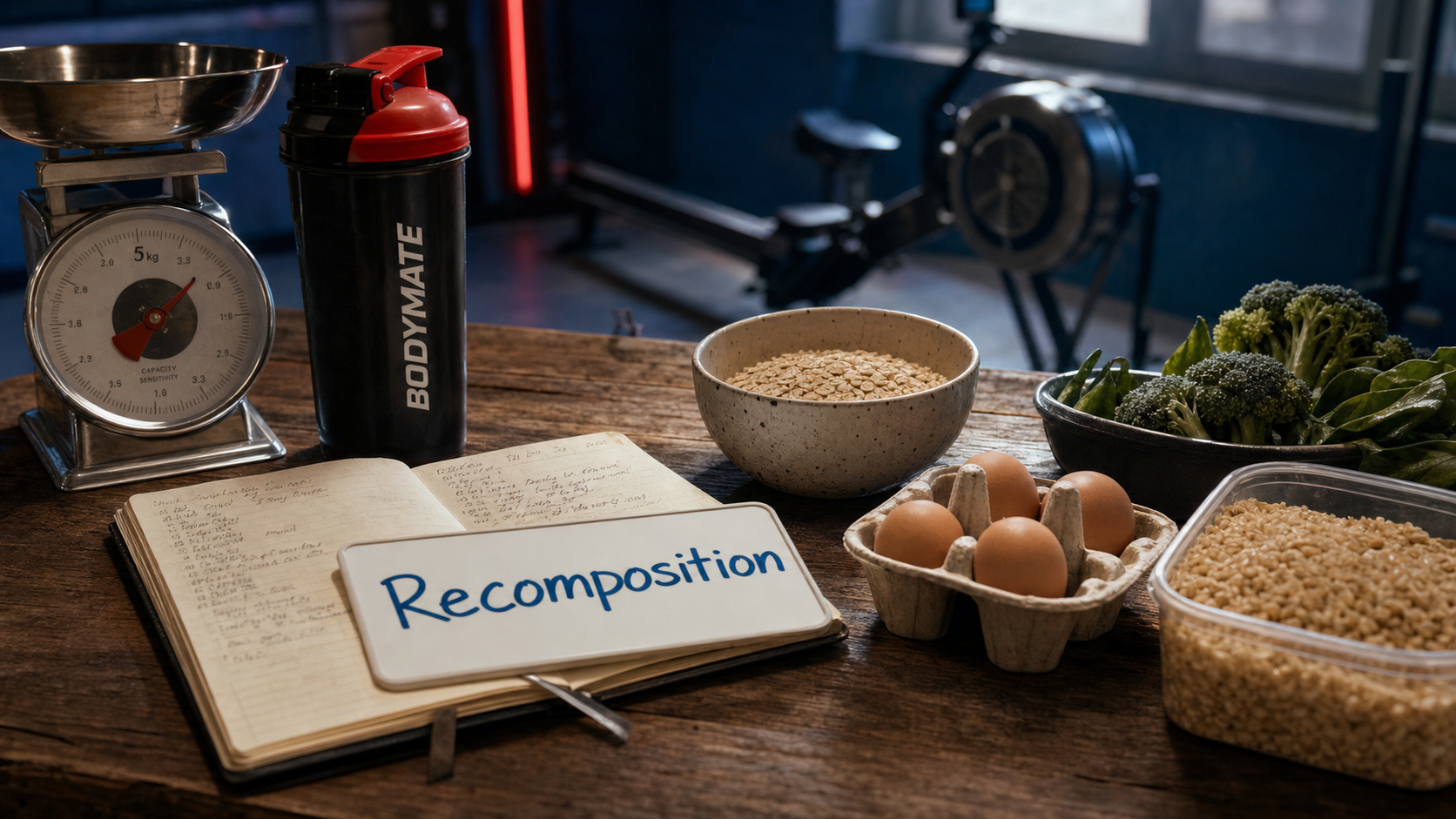 Alimentation pour prendre du muscle et perdre de la graisse : carnet, balance et rameur en salle