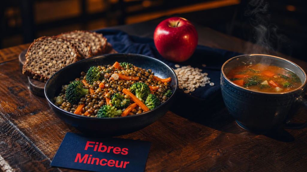 Aliments riches en fibres pour maigrir : salade de lentilles, soupe et légumes