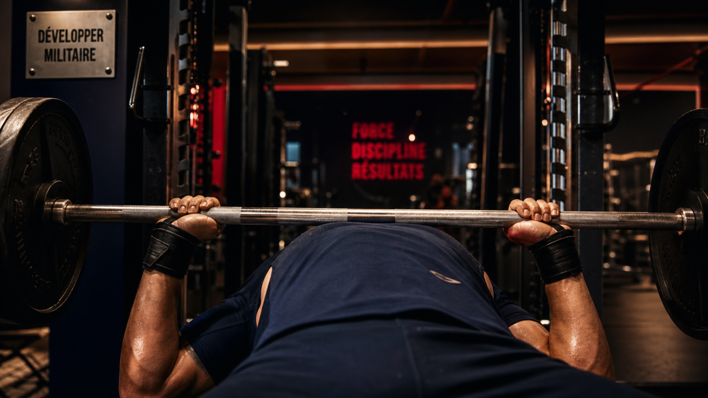 Developpe militaire : muscles sollicites deltoides, triceps et gainage en salle