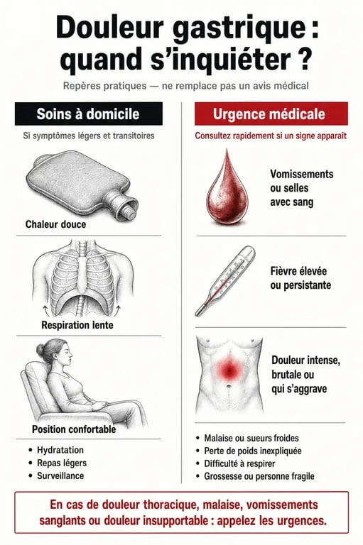 Infographie sur les signes d'alerte et les gestes à faire en cas de crampe d'estomac