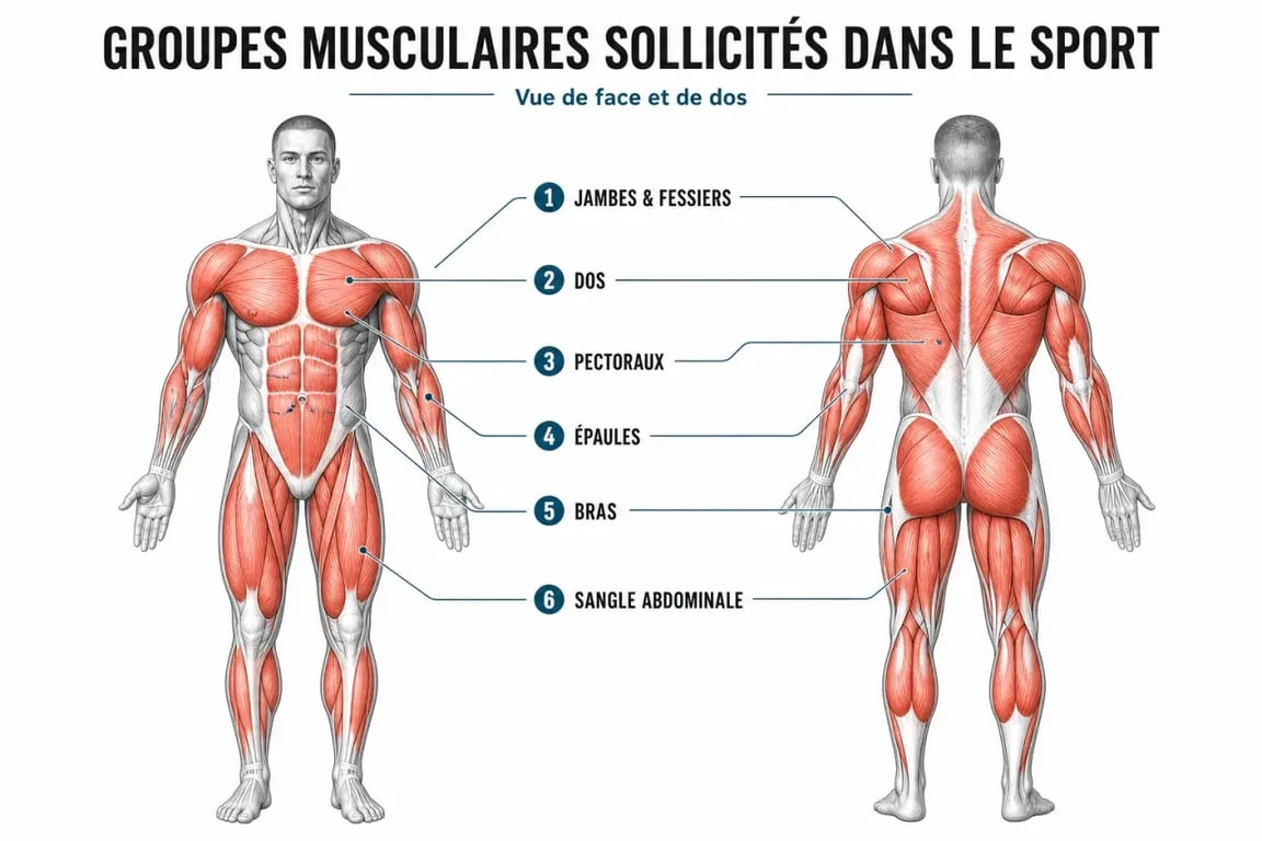Schéma des muscles du corps sport avec les principaux groupes musculaires sollicités