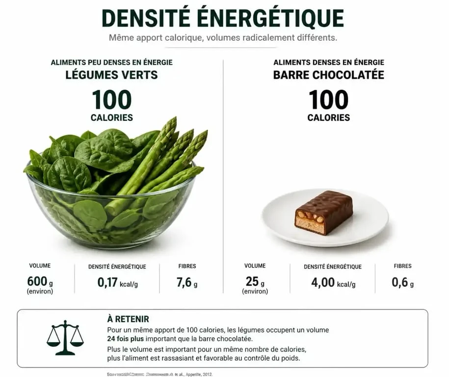 Infographie comparant la densité énergétique des aliments qui ne font pas grossir
