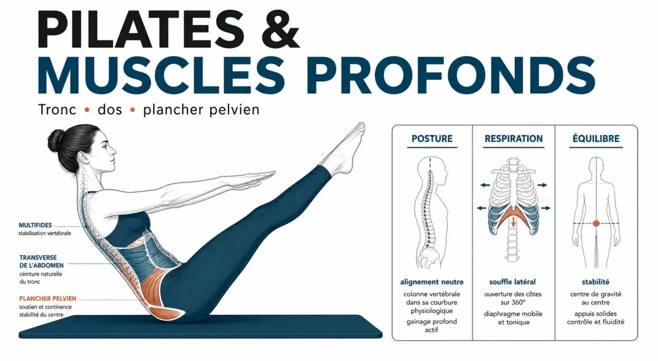 Les bienfaits du pilate illustrés par une silhouette en posture, les muscles profonds et la posture mis en évidence