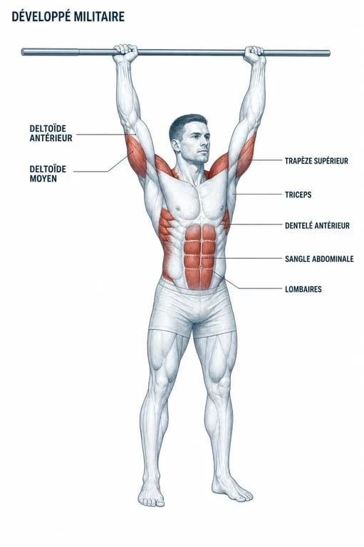 Développé militaire muscles sollicités : schéma anatomique des deltoïdes, triceps et gainage