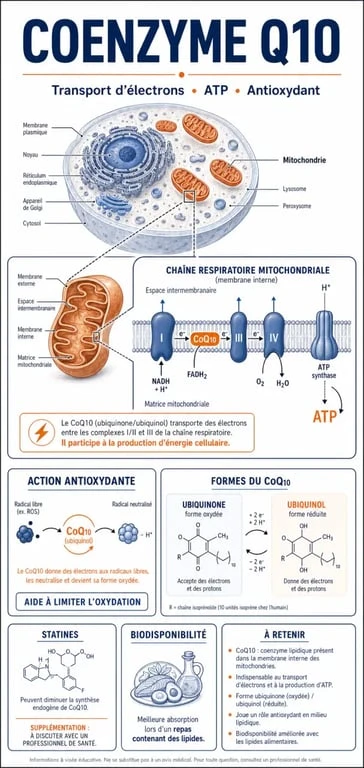 Infographie sur les coenzyme q10 bienfaits, la production d’ATP, l’action antioxydante et les formes ubiquinone et ubiquinol