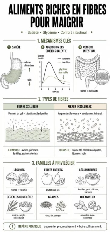 Infographie sur les aliments riches en fibres pour maigrir, avec effets sur la satiété, la glycémie et les aliments à privilégier