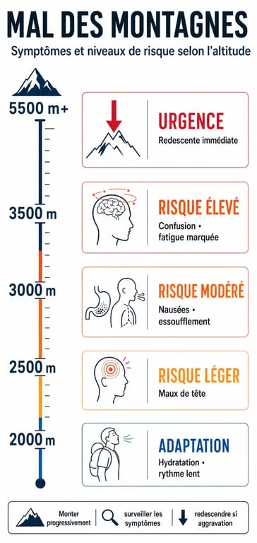 Infographie sur le mal des montagnes à partir de quelle altitude, avec seuils d'altitude et symptômes à surveiller