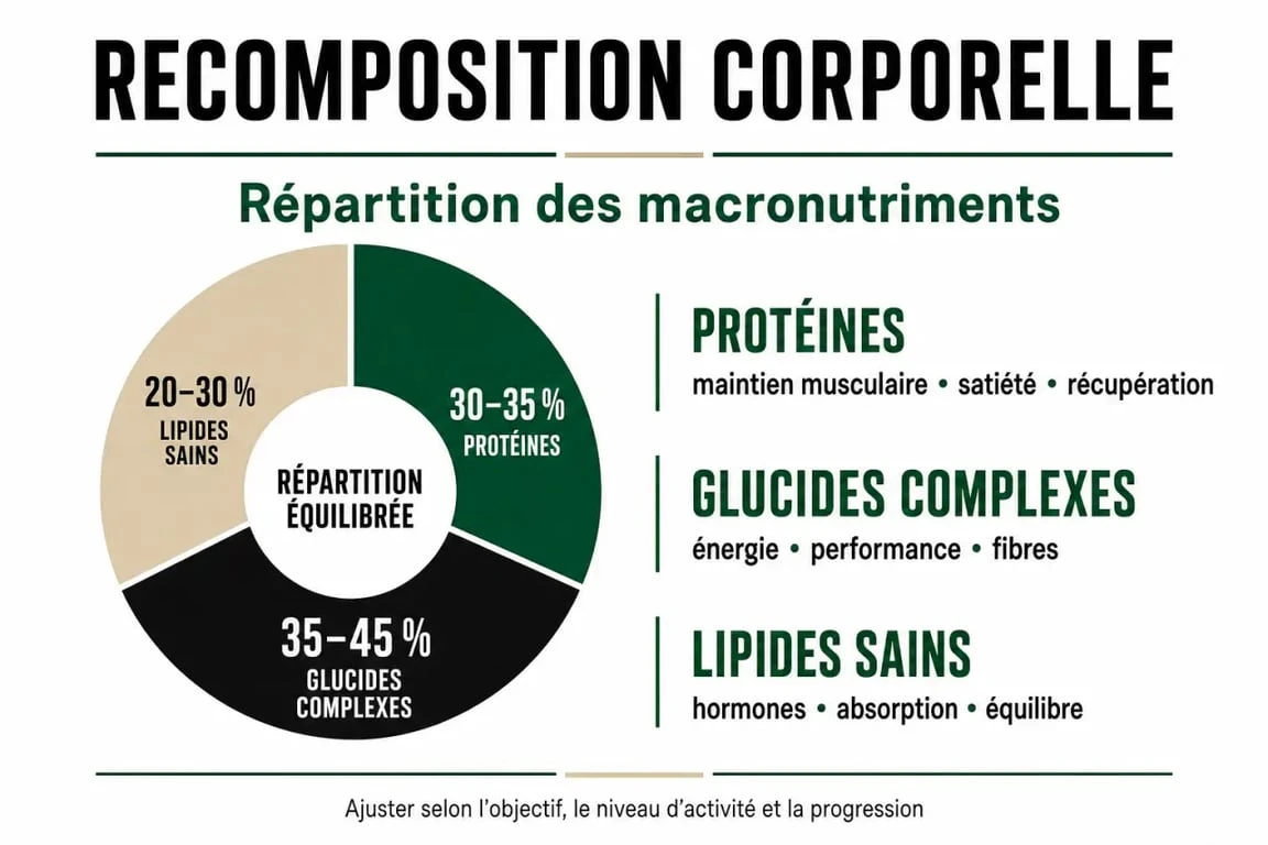 Infographie sur l'alimentation pour prendre du muscle et perdre de la graisse : répartition des macronutriments