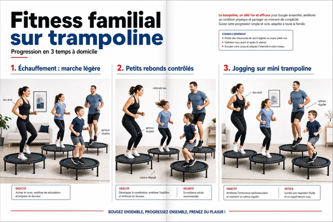 Comment intégrer le trampoline dans vos séances de fitness familial : famille en train de faire des exercices sur mini trampoline
