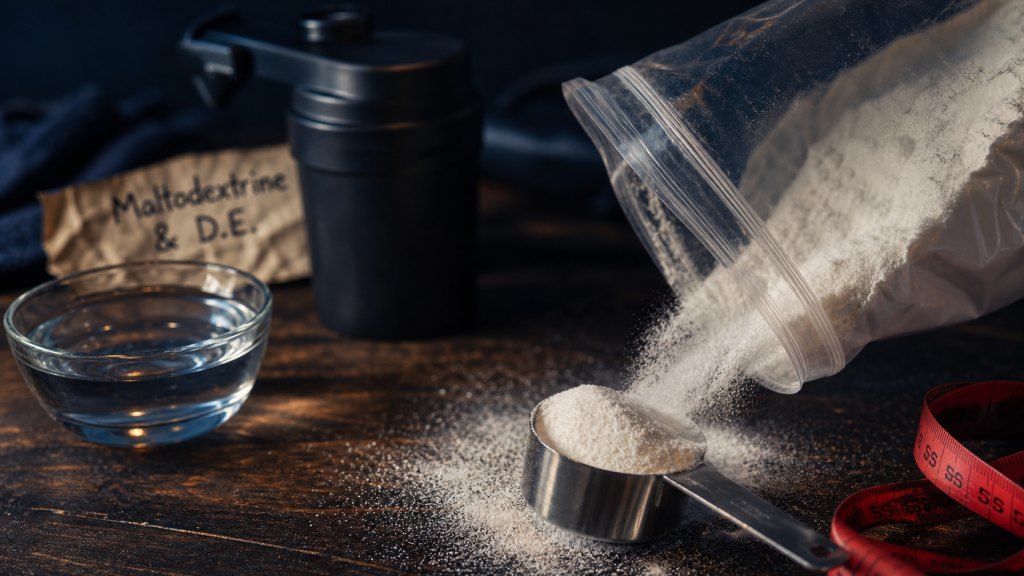 maltodextrine c est quoi : poudre blanche sur cuillère, eau et shaker sportif