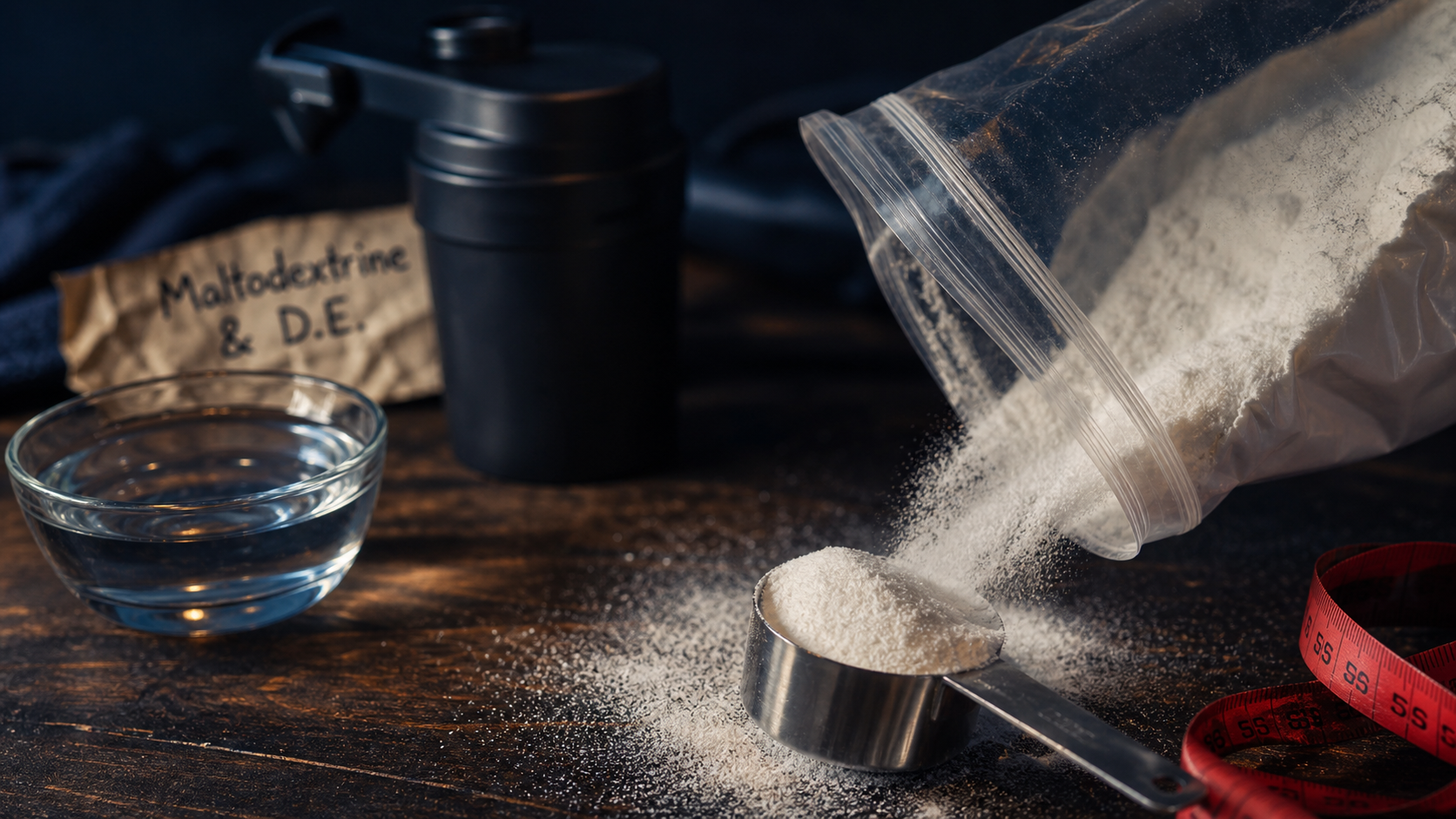 maltodextrine c est quoi : poudre blanche sur cuillère, eau et shaker sportif