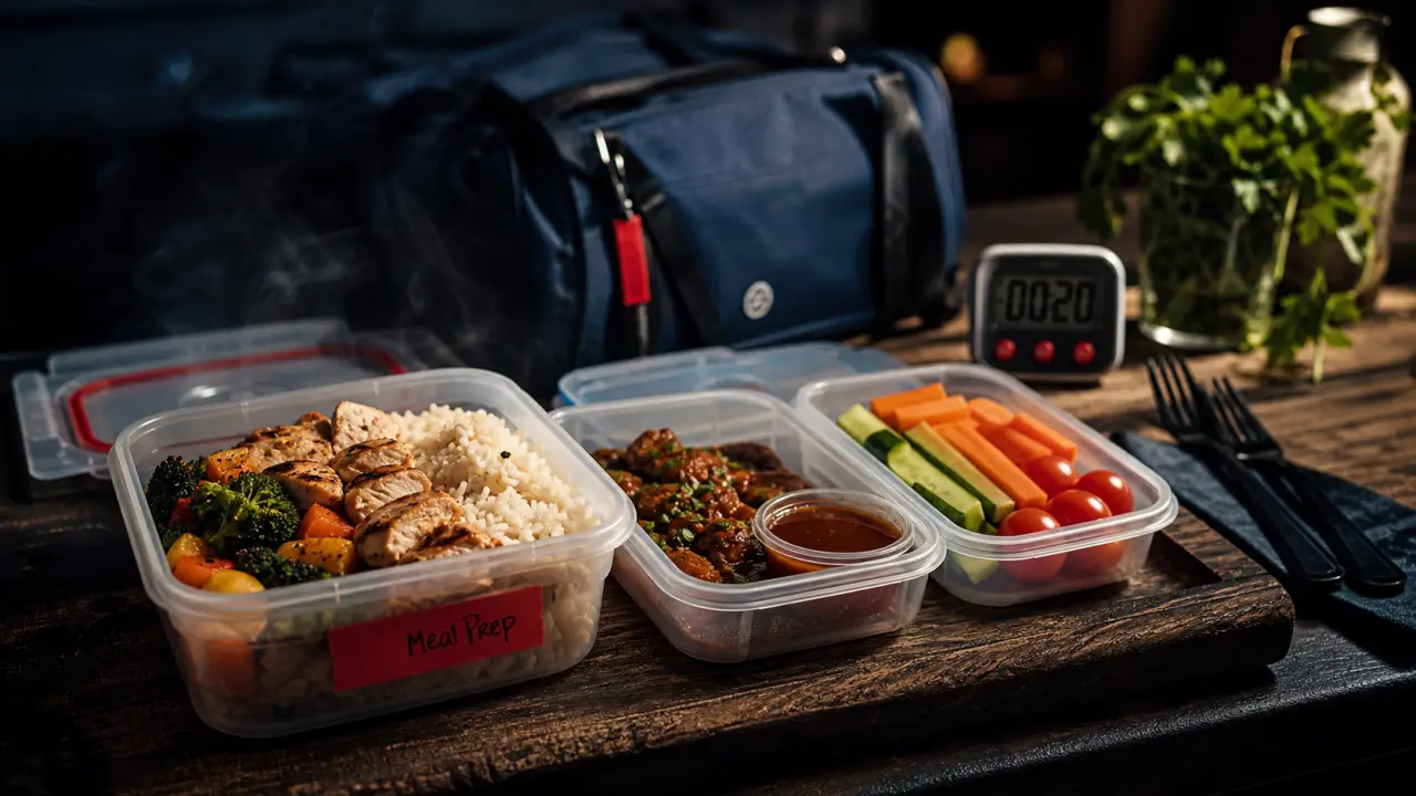 Meal prep sportif : boîtes repas prêts en cuisine