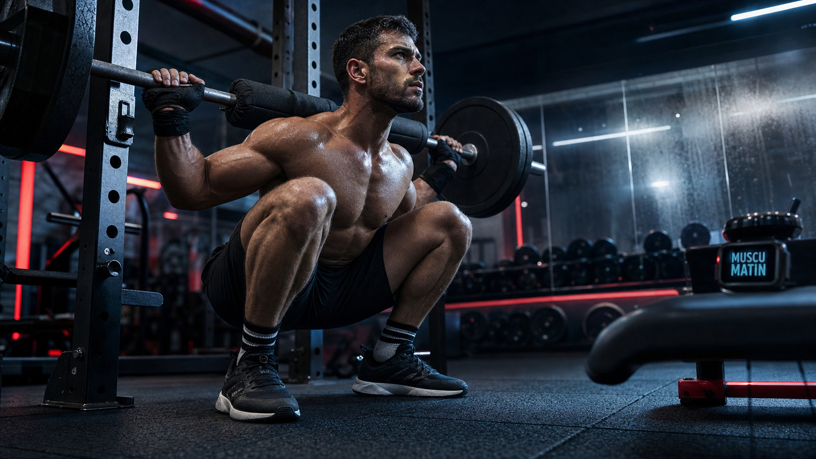 Musculation le matin : homme en squats, énergie et discipline