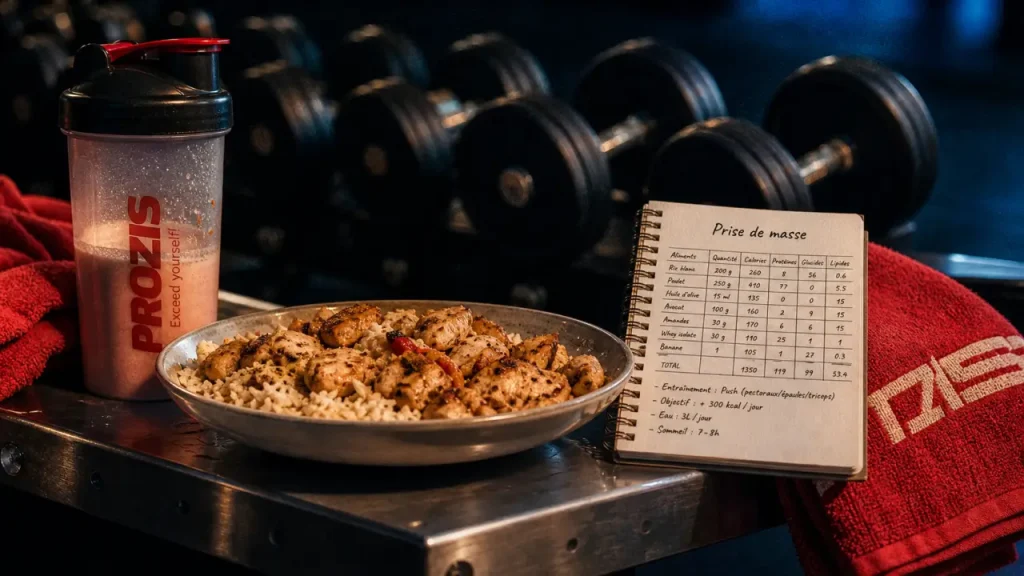 Prise rapide de masse musculaire : riz, poulet et whey en salle de sport