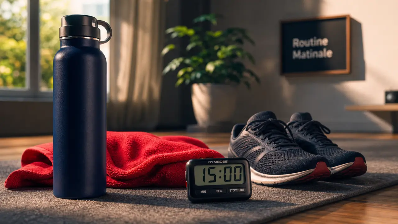 Sport matinale : 30 minutes sur tapis, gourde et chronomètre