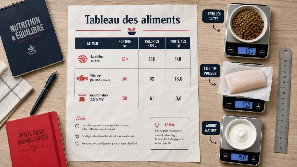 Tableau des aliments : calories protéines glucides lipides (portion/100 g)