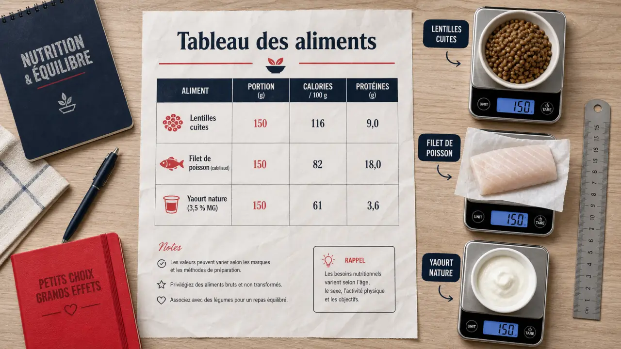 Tableau des aliments : calories protéines glucides lipides (portion/100 g)