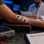 Electromyogramme : électrodes sur avant-bras pour canal carpien, sciatique, nerf pudendal