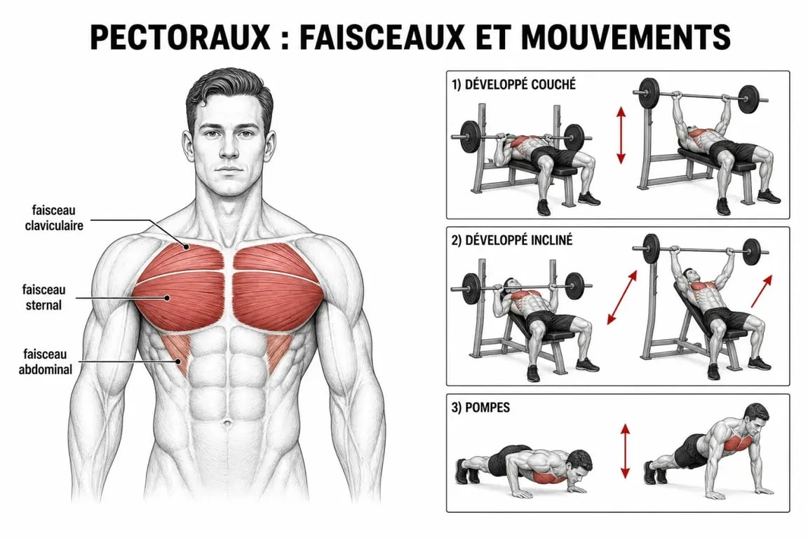 Pectoraux exercice : schéma des faisceaux et des mouvements clés comme développé couché, développé incliné et pompes