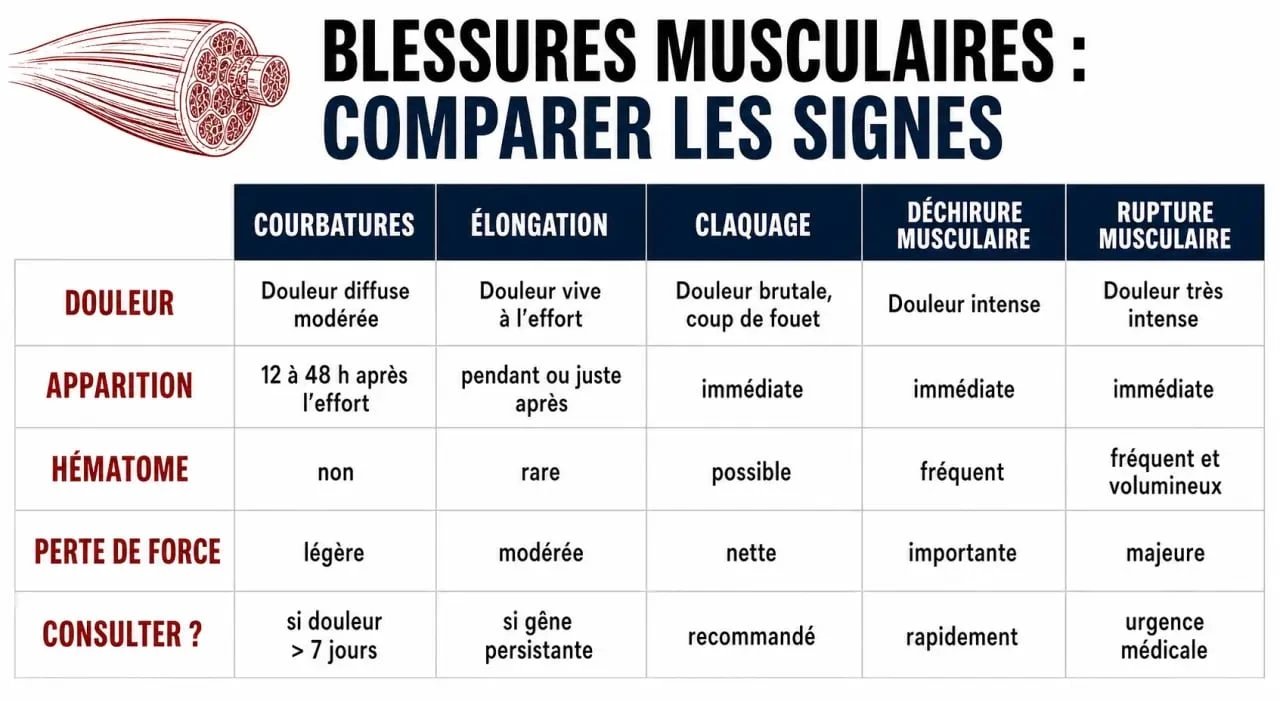 Comparatif des symptômes déchirure musculaire cuisse, élongation, claquage et rupture