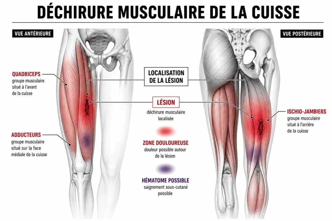 Schéma des symptômes déchirure musculaire cuisse avec quadriceps, ischio-jambiers et adducteurs
