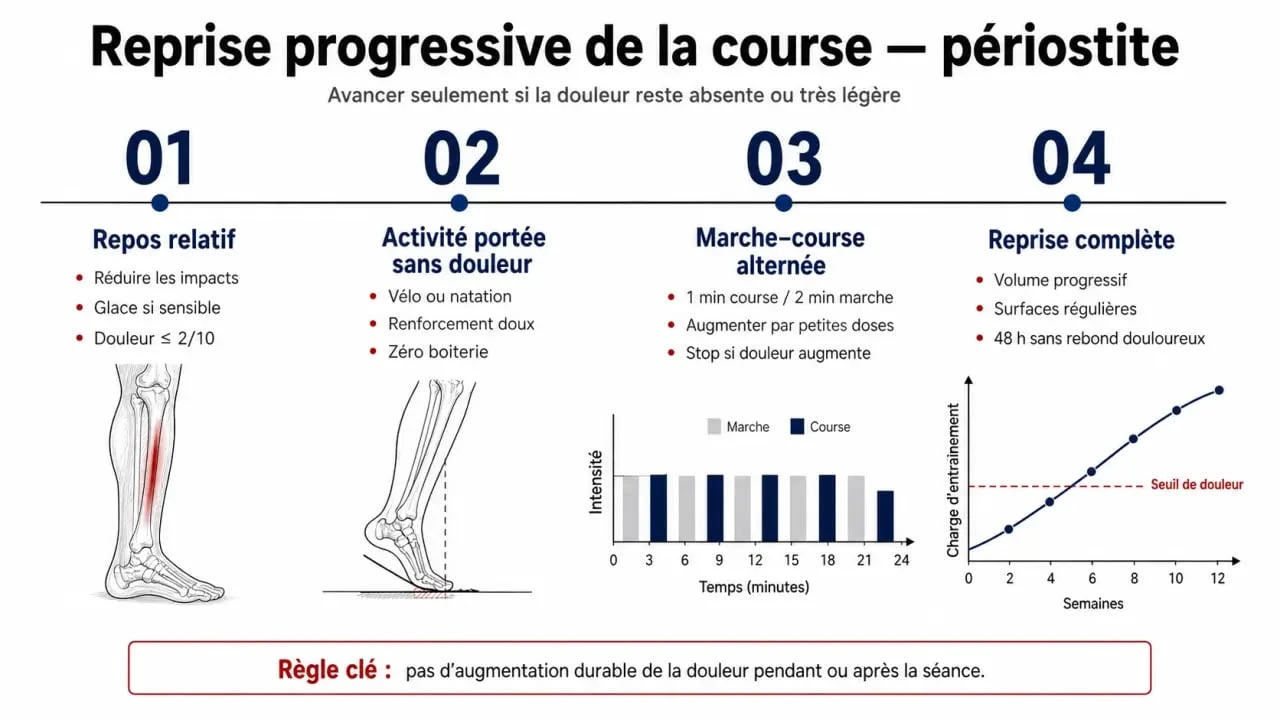 Comment soigner une periostite : paliers de reprise progressive de la course et du repos relatif