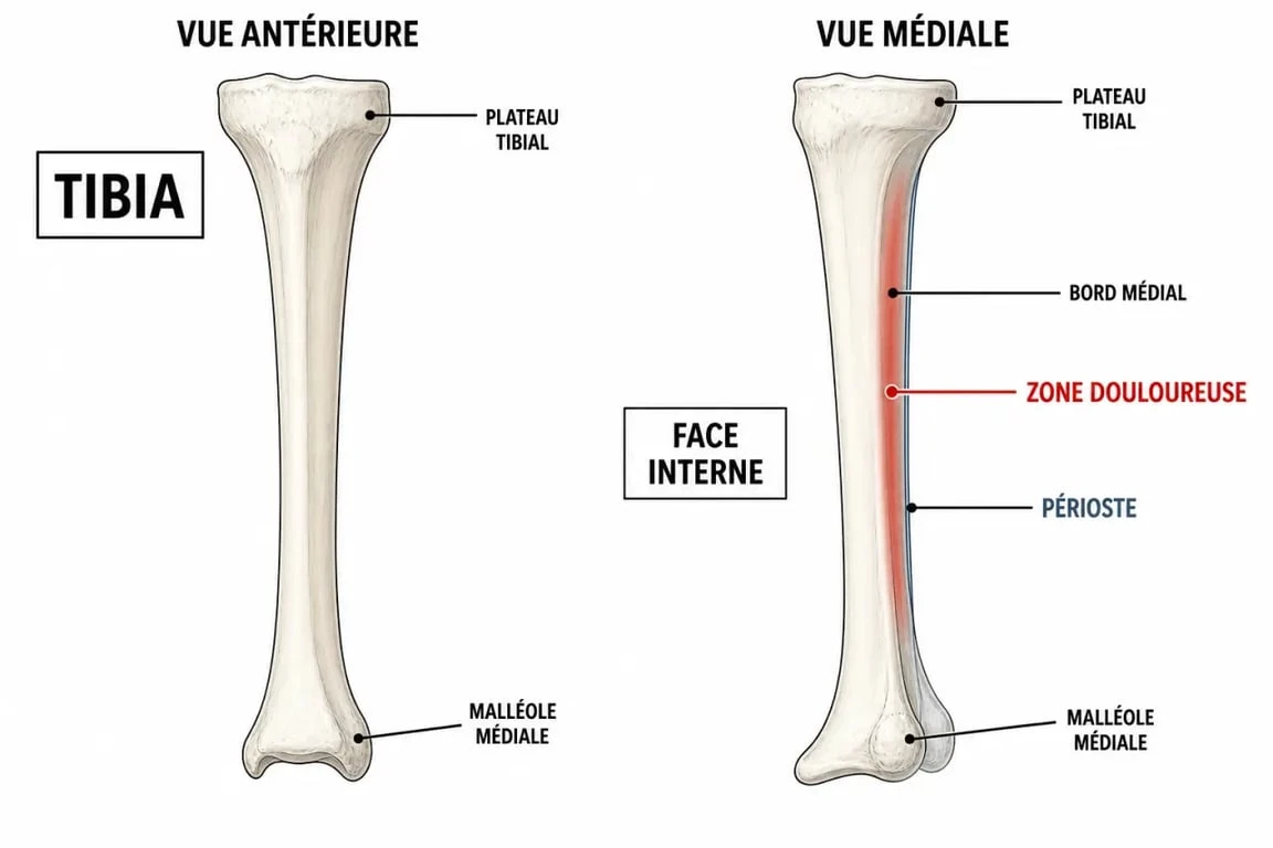Comment soigner une periostite : schéma du tibia avec zone douloureuse sur la face interne